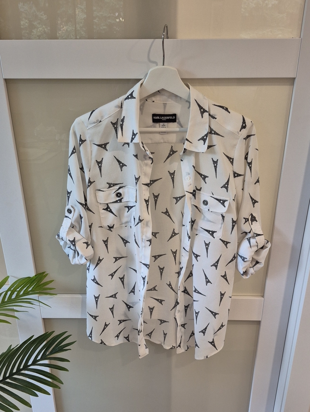 Karl Lagerfeld White Button-Down Shirt with Black Eiffel Tower Print